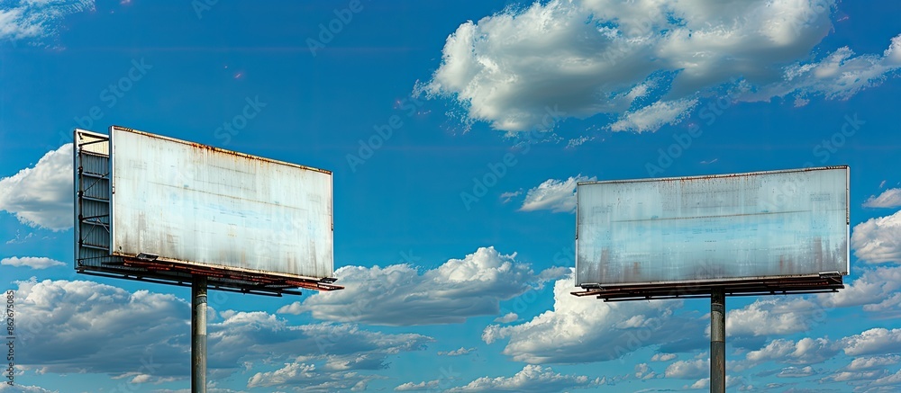 Poster two empty billboards set against a blue sky with white clouds, ideal for mockups and templates empha