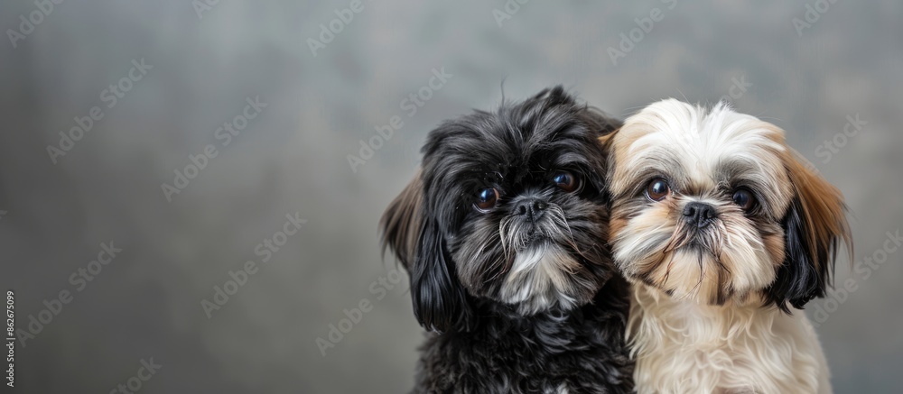 Poster a studio shot of two shih tzu dogs on a grey backdrop with copy space image.