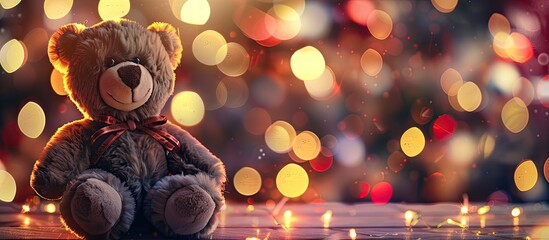 High quality photo of a cute teddy bear against a Christmas light background with defocused,...