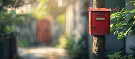 A blurred image of a red postbox on a wooden pole is placed for receiving mail conveniently at the front of a house with ample copy space.