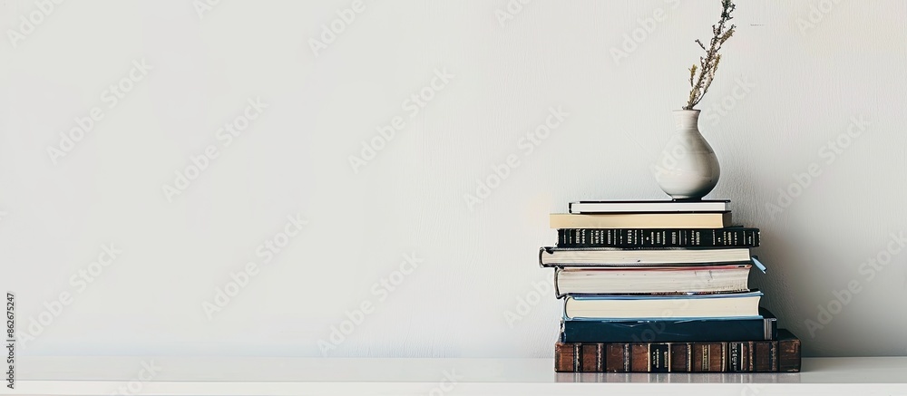 Poster a stack of books placed on a table with a white background, offering ample copy space image.