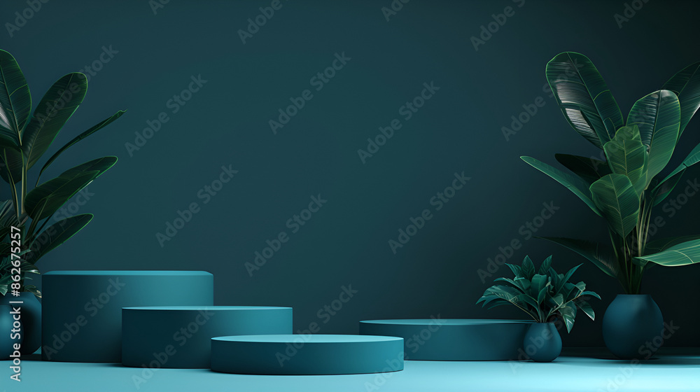 Poster cylinder for product presentation in a round room with zenithal light. 3d rendering,green podium in 
