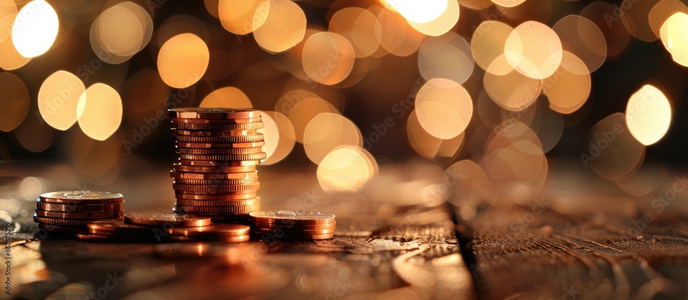 Poster An innovative business savings concept displayed with a stack of coins on a wooden table against a background of soft bokeh lights, ideal for copy space image.