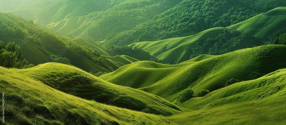 Poster Beautiful green valley with rolling hills in the background, perfect for adding text with copy space image.