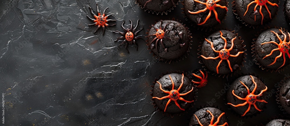 Poster spooky halloween spider muffins displayed in a top view over a dark slate background with copy space