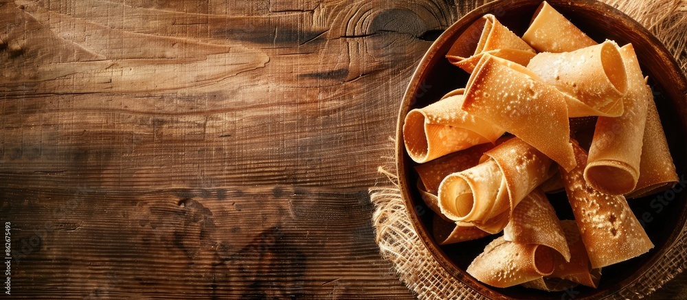 Leinwandbilder wooden table with a bowl of wafer rolls, perfect for adding text to the copy space image.