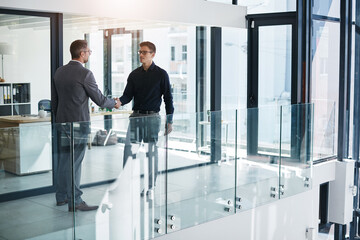 Businessman, person and handshake in office for thank you, greeting and onboarding for internship...