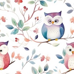 Fototapeta premium Cute watercolor pattern of colorful owls sitting on branches with leaves and flowers on a white background.