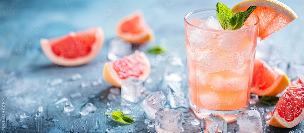 Sticker cold summer cocktails such as grapefruit lemonade served in a glass with ice cubes and copy space im