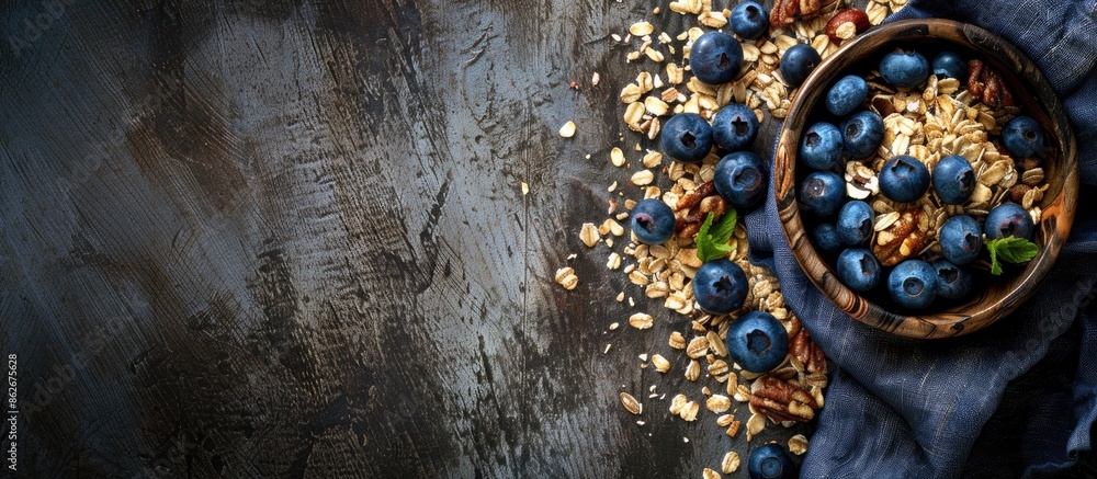 Aufkleber Gourmet morning meal featuring muesli, blueberries, and nuts on a rustic background, presented in a top-down view with empty space for text or graphics. Copy space image
