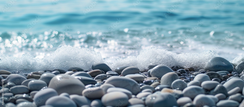 Aufkleber a scenic beach with pebble stones on a warm summer day, set against the backdrop of rolling waves in