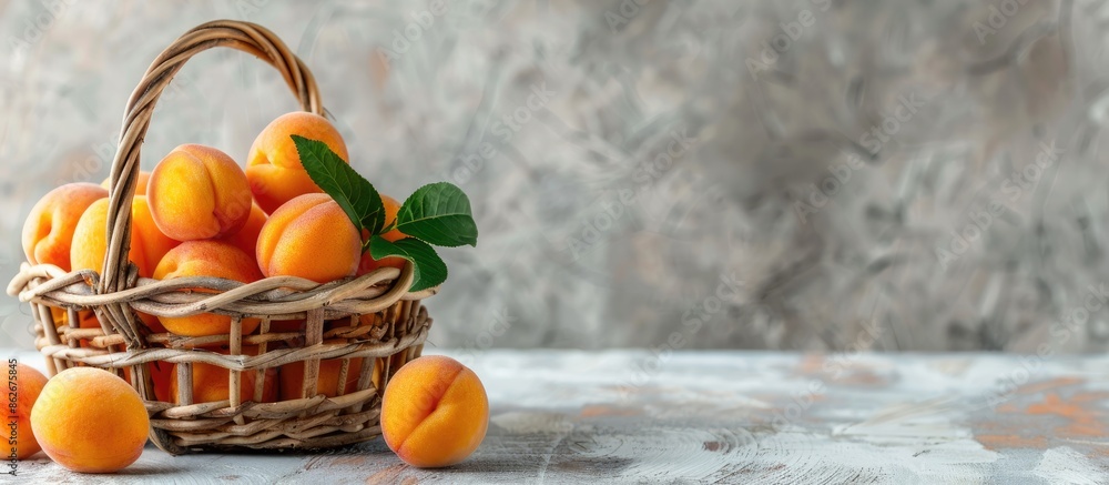 Poster ripe apricot fruits with a leaf in a wooden basket on a white rustic table create a healthy fruit ba
