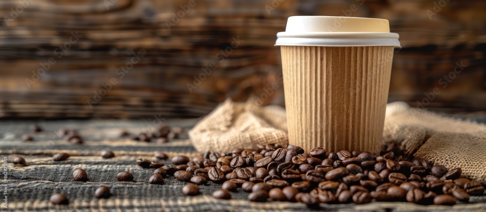 Poster Coffee to go in a paper cup placed on a rustic wooden surface surrounded by coffee beans, creating an appealing composition with copy space image.