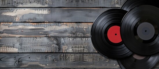 Vintage style black vinyl record and album covers placed on gray wooden boards, featuring copy space image.