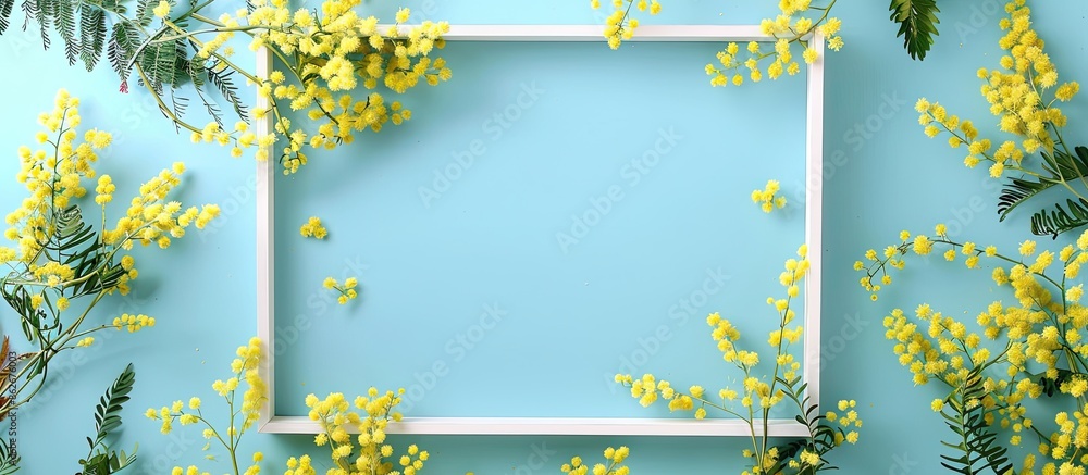 Aufkleber Spring flower arrangement with a blank photo frame, featuring mimosa flowers on a soft blue background. Top view flat lay with ample copy space image.
