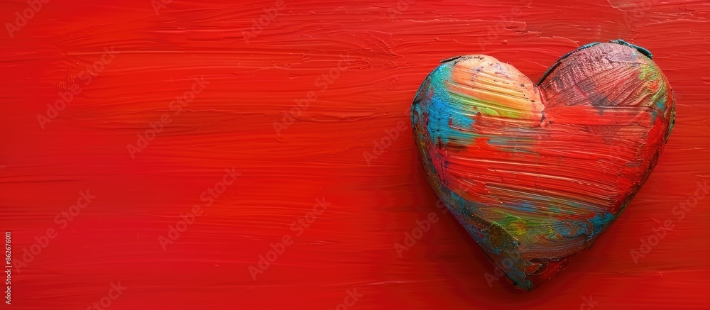 Fototapete colorful heart shape viewed from the top on a red table with copy space image.