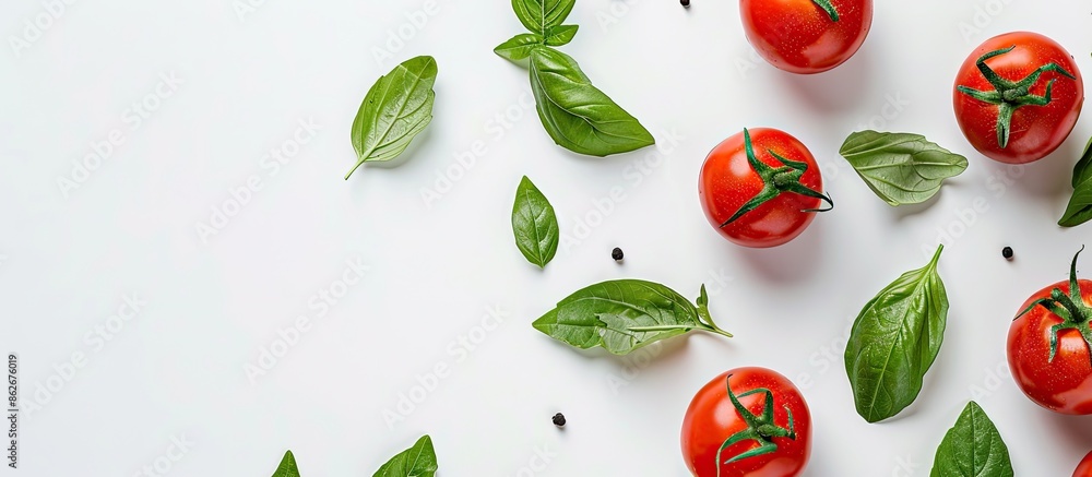 Poster fresh tomatoes with vibrant green leaves, creating a visually appealing copy space image on a white 