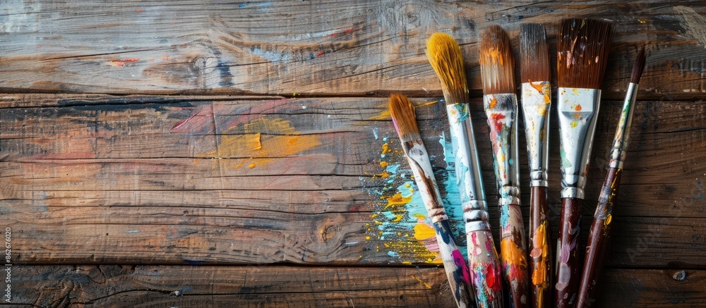 Poster craft art process with artist's paintbrushes showcased on a wooden background with ample copy space 