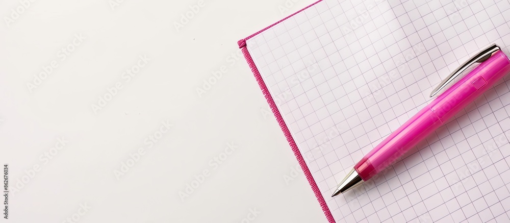 Aufkleber Top view of pink pen, sticky note, and notebook paper on white background with copy space image.
