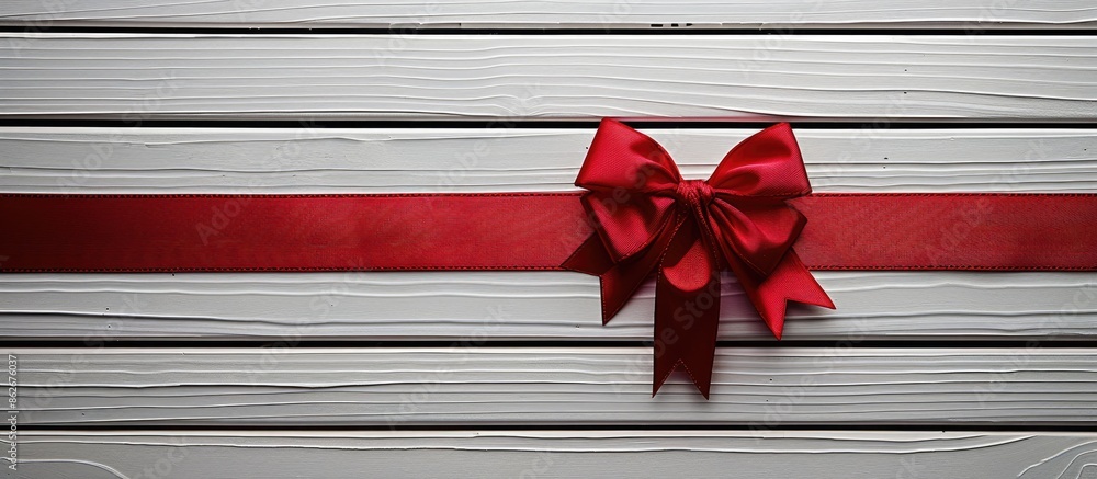 Aufkleber a red satin ribbon with a bow on a surface made of parallel white wooden slats, ready for your copy 
