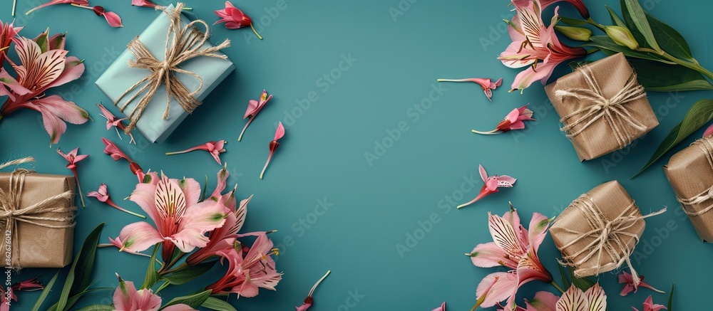Aufkleber blue background with alstroemeria flowers, gift boxes perfect for congratulations. natural colors gr
