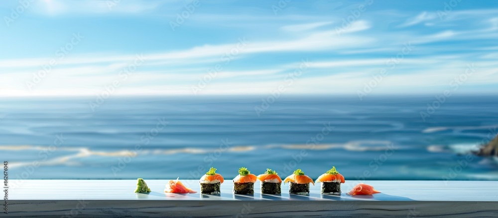 Poster chilled raw dorada sushi with a scenic ocean backdrop for copy space image.