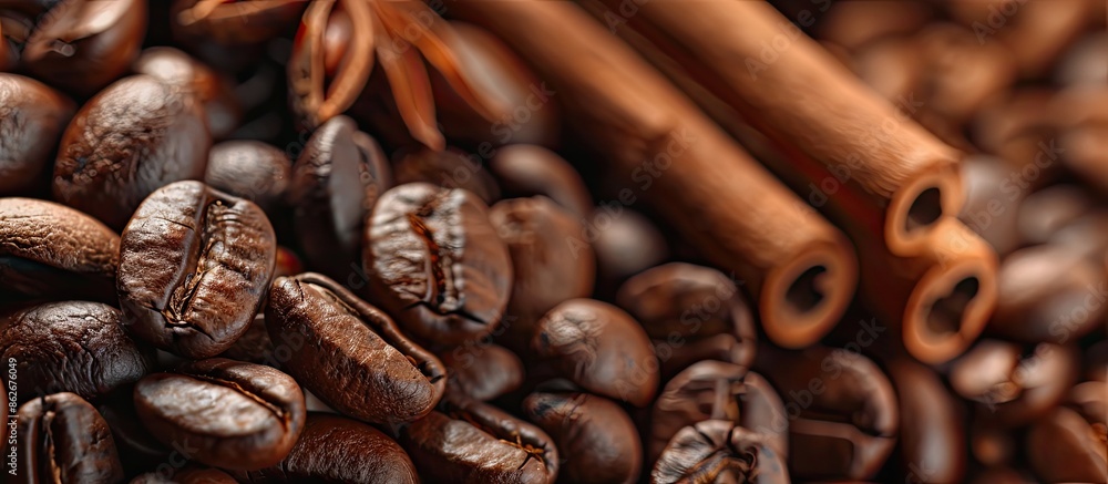 Poster closeup shot of aromatic coffee beans intertwined with cinnamon sticks against a background with amp