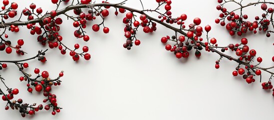 A Christmas tree branch adorned with red berries and ornaments against a white backdrop, perfect for a copy space image.