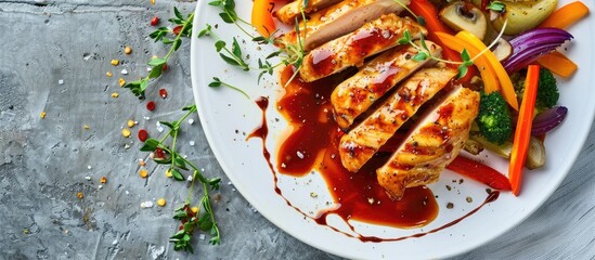 A delicious chicken steak dish served with colorful vegetables and a rich sauce, perfect for dinner parties, with a plain background for added effect in the copy space image.