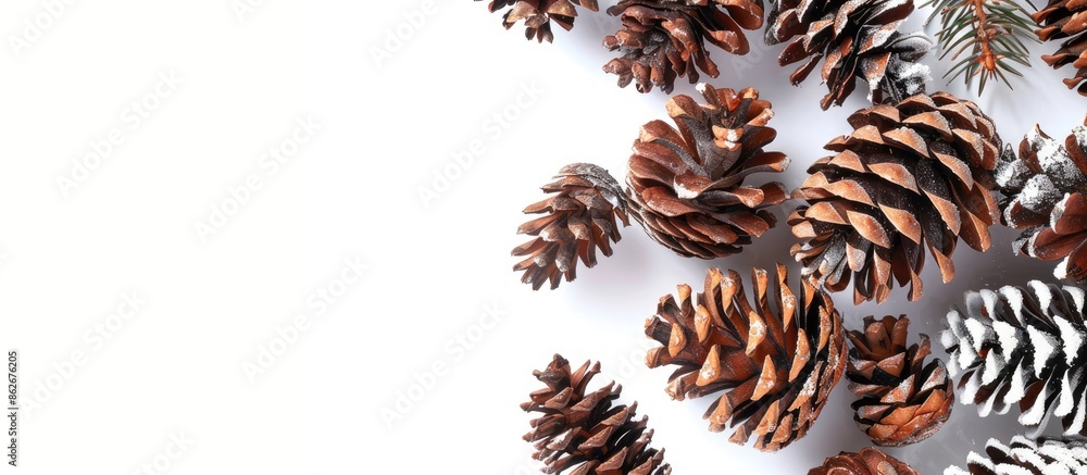 Poster isolated on a white background, a christmas-themed image featuring pine cones, perfect for adding te