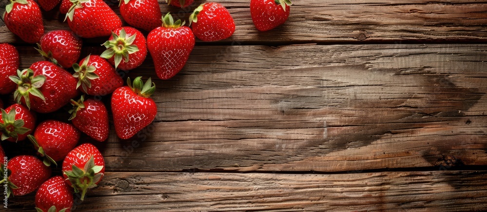 Aufkleber Juicy strawberries on a rustic wooden table with a blank area for adding text or images, known as a copy space image.