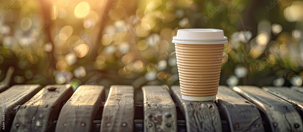 Aufkleber Takeaway coffee cup on a rustic wooden bench outside, with empty space for text or graphics in the background. Copy space image. Place for adding text and design