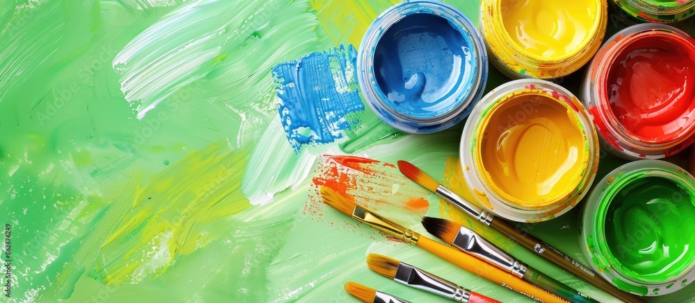 Aufkleber A colorful set of finger paints and paintbrushes for kids' creativity displayed on a soft green background from above with room for additional images.
