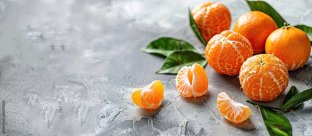 Leinwandbilder close-up image with a selective focus on whole and peeled clementines with leaves. set on a light gr