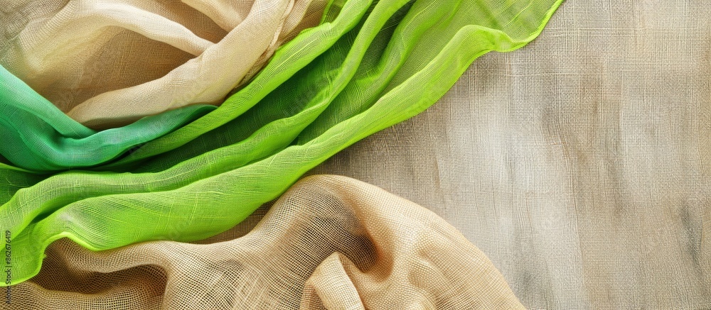 Poster bright fabric textile with jute bagging ribbon on a natural linen background, featuring copy space i