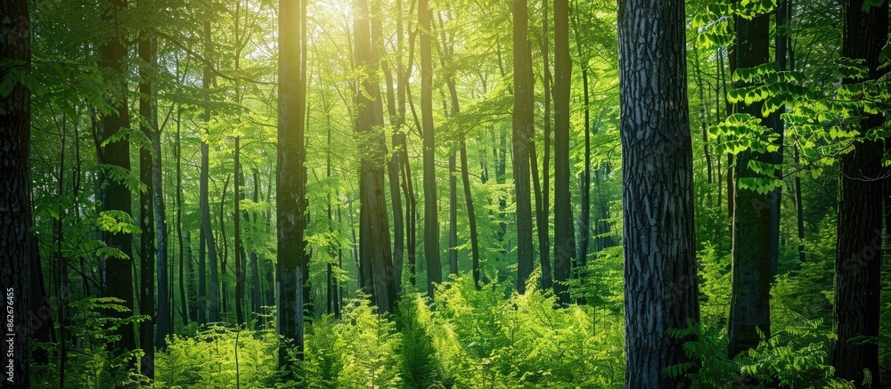 Poster lush green trees in a woodland setting during springtime with copy space image.