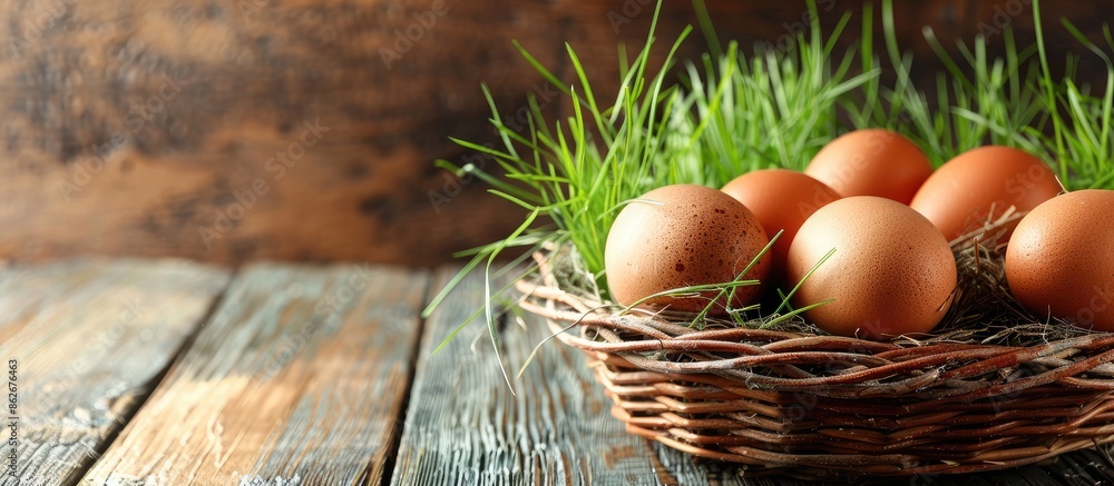 Leinwandbilder Eggs in the basket with green grass on a wooden table creating a rustic composition with copy space image.