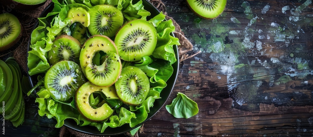 Poster avocado kiwi salad with lettuce mix, perfect for a healthy meal or snack, displayed on a rustic tabl