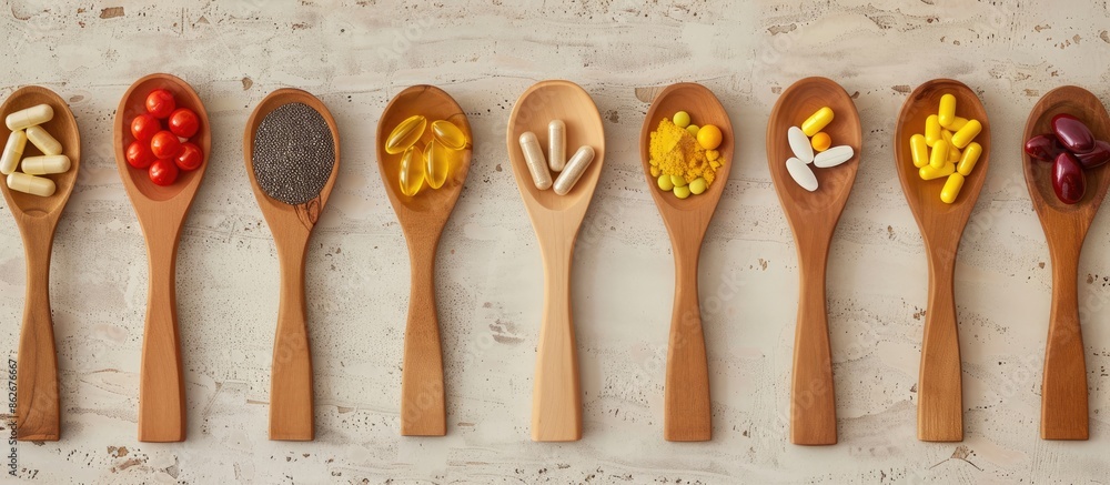 Aufkleber Nutritional supplements displayed in wooden spoons on a textured backdrop with a multivitamin complex for daily use, supporting immunity, with room for text or logos in the image. Copy space image