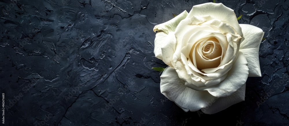 Poster Bright macro image featuring a single white rose isolated on black background with detailed texture in vintage style, perfect for copy space image.