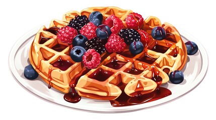 Belgian waffles with syrup and berries, hearty and sweet, detailed and centered, isolated as a PNG, suitable for brunch spots or dessert stations