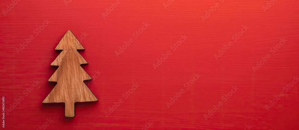 Poster wooden christmas tree decoration on a red backdrop with room for additional images or text.