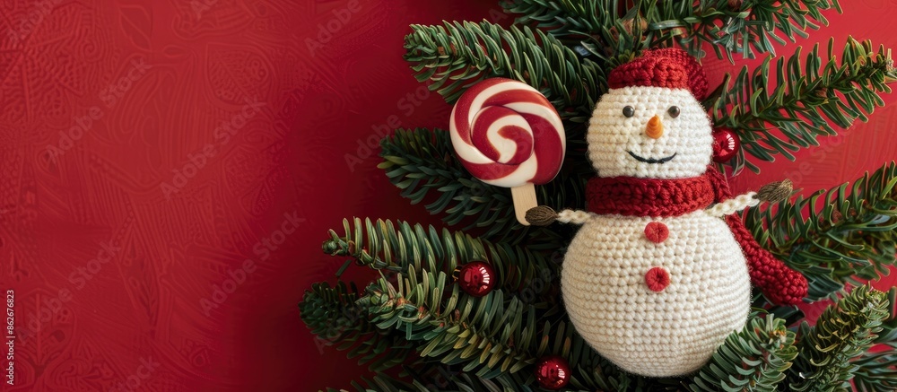 Poster top view photo of a small toy snowman on a christmas tree with crochet candy lollipop on red backgro