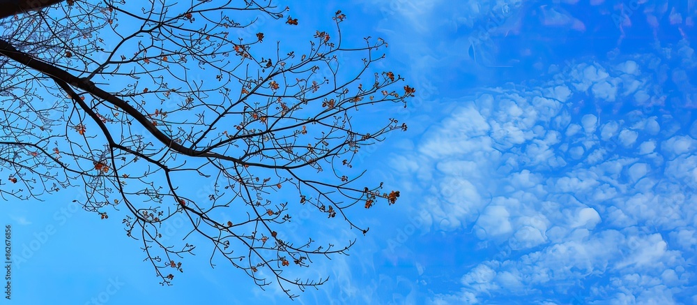Fototapete blue sky provides a background for a tree branch, leaving empty space for photos. copy space image. 