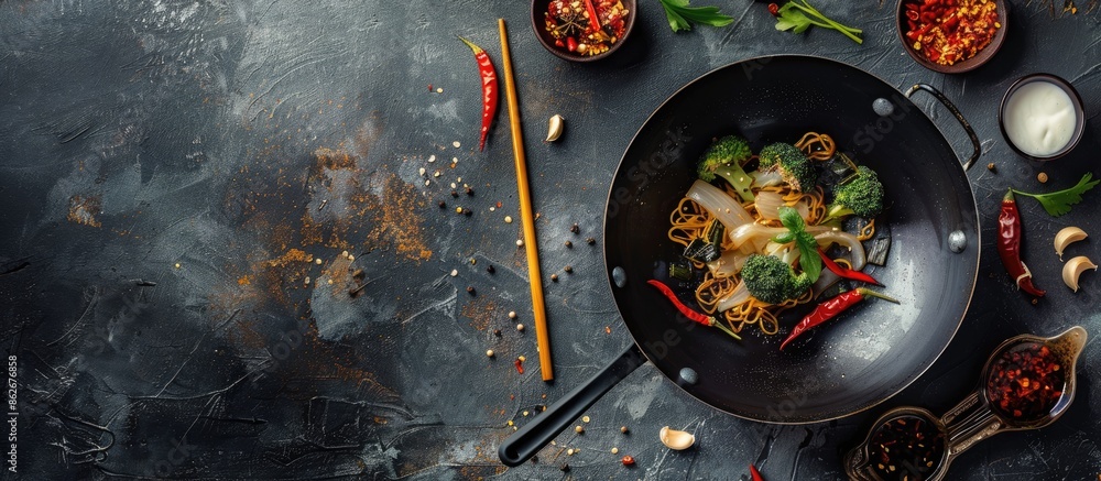 Aufkleber Flat lay of black wok, chopsticks, and assorted items on a textured table with room for text in the image. Copy space image. Place for adding text and design
