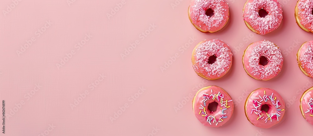 Poster Five coral donuts with icing arranged neatly on a pink background captured from above with copy space image available for text.