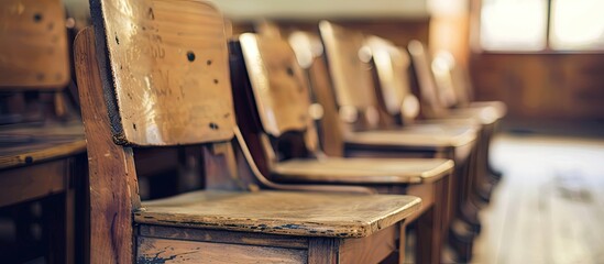 Blurry background in school featuring vintage wooden lecture chairs for an educational theme with...