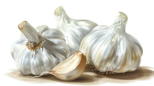 Fresh garlic bulbs with cloves, detailed and aromatic, perfectly isolated and presented as a PNG, suitable for culinary or medicinal uses