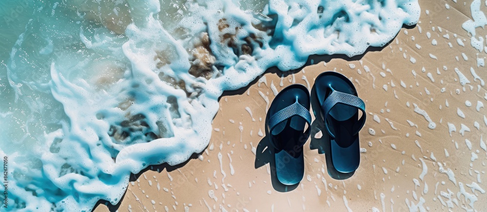 Poster navy blue sandals on a sunny beach with copy space image. evoking holiday and travel vibes from a to