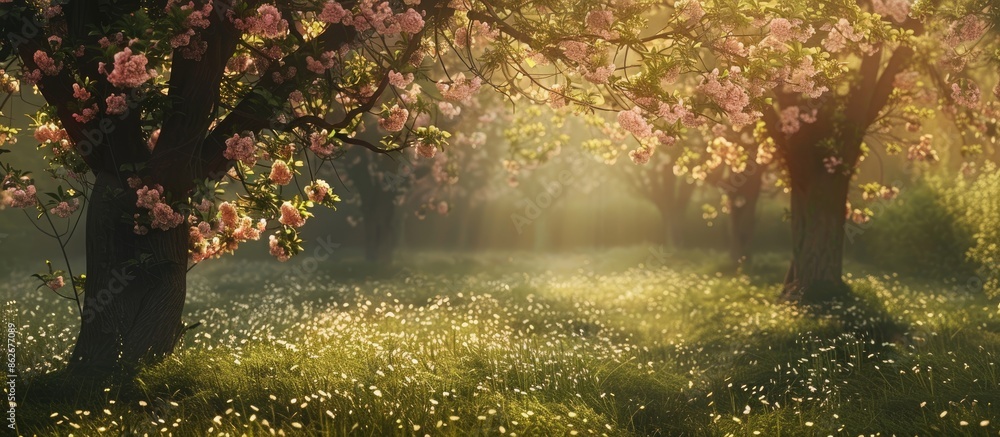 Poster forest setting with flowering trees creating a serene backdrop in a copy space image.